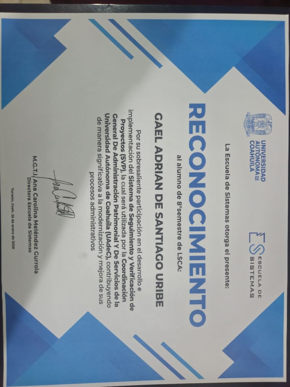 Reconocimiento CGAPYS - Universidad Autónoma de Coahuila